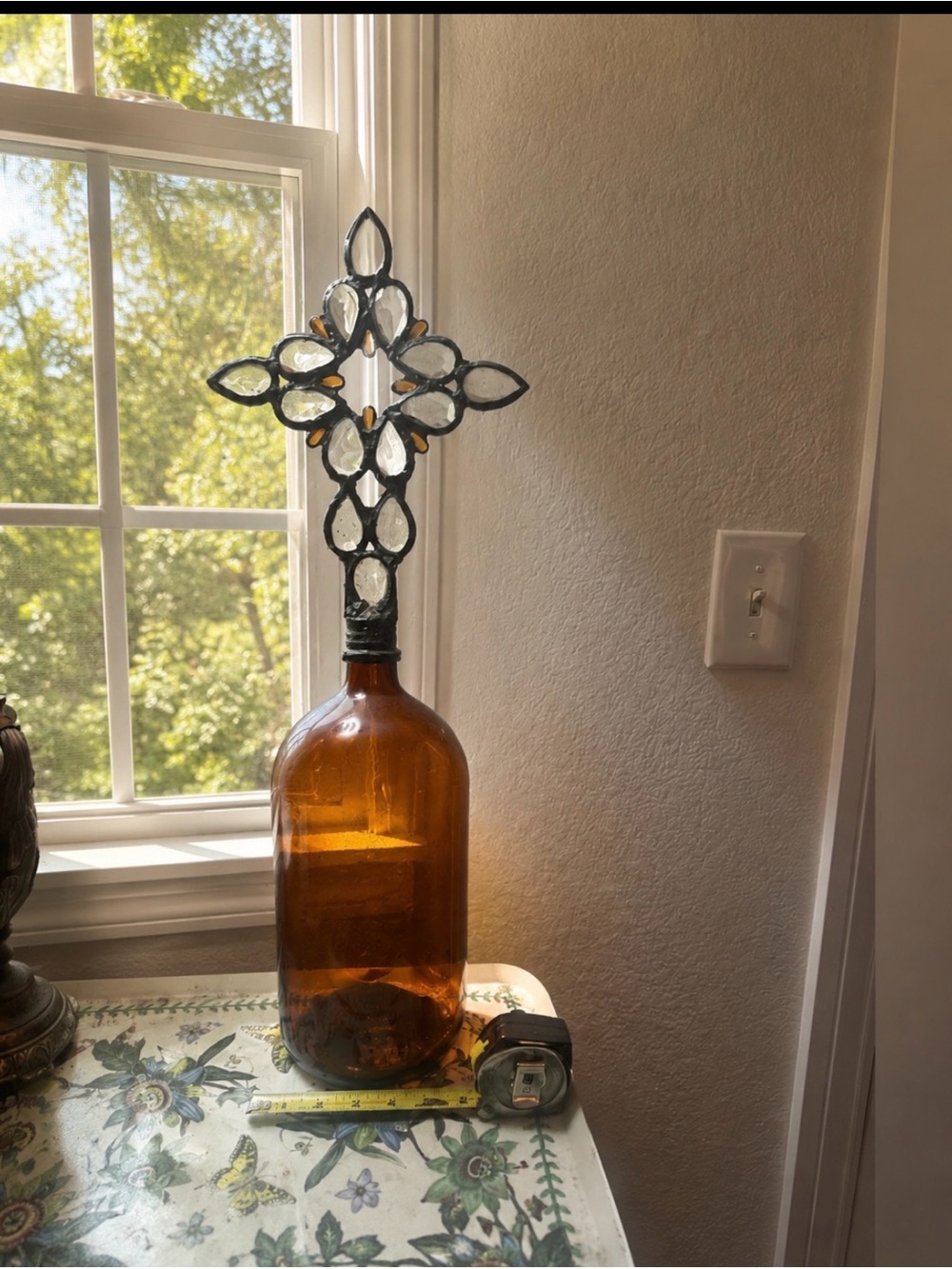 Large Vintage cross top amber glass bottle 34 inches tall
